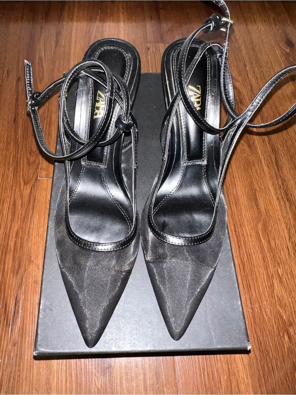 Zara Black Pointed Toe Ankle-Strap Heels